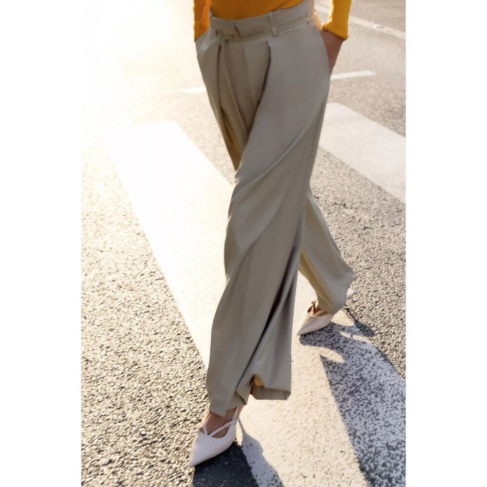 Zara Pleated Wide Leg Dress Pants w/ Thin Belt (Sz M) Light Camel High Rise Work